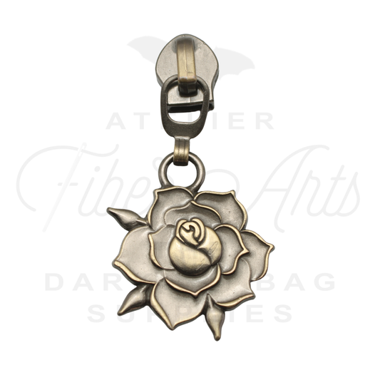 #5 Rose Bloom Zipper Pulls in Brushed Brass at Atelier Fiber Arts