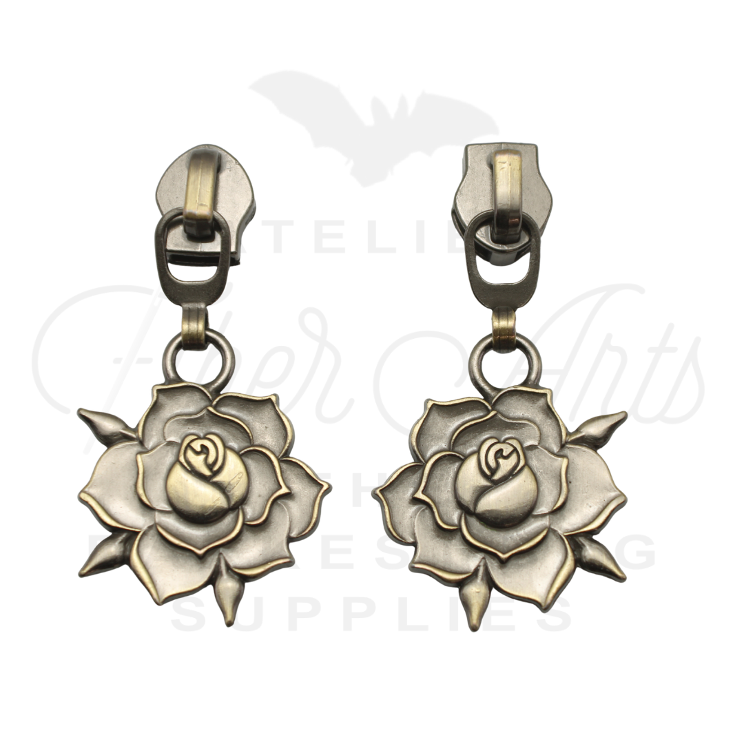 #5 Rose Bloom Zipper Pulls in Brushed Brass at Atelier Fiber Arts
