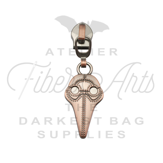 #5 Plague Doc Zipper Pulls in Brushed Copper at Atelier Fiber Arts
