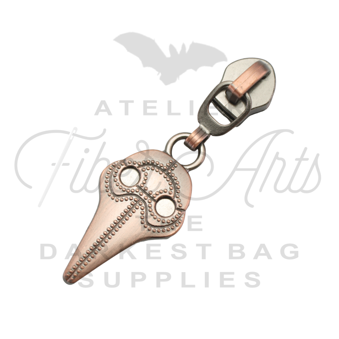 #5 Plague Doc Zipper Pulls in Brushed Copper at Atelier Fiber Arts