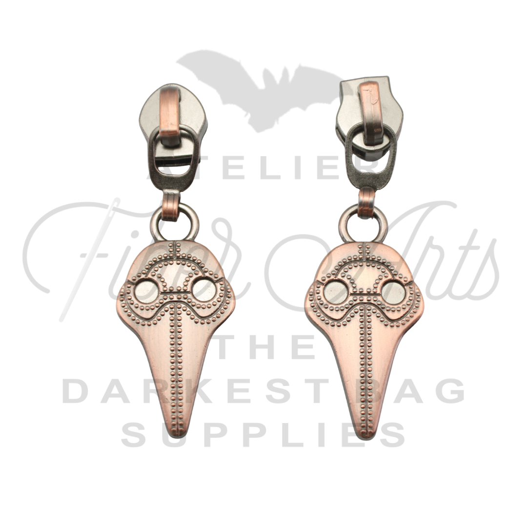 #5 Plague Doc Zipper Pulls in Brushed Copper at Atelier Fiber Arts