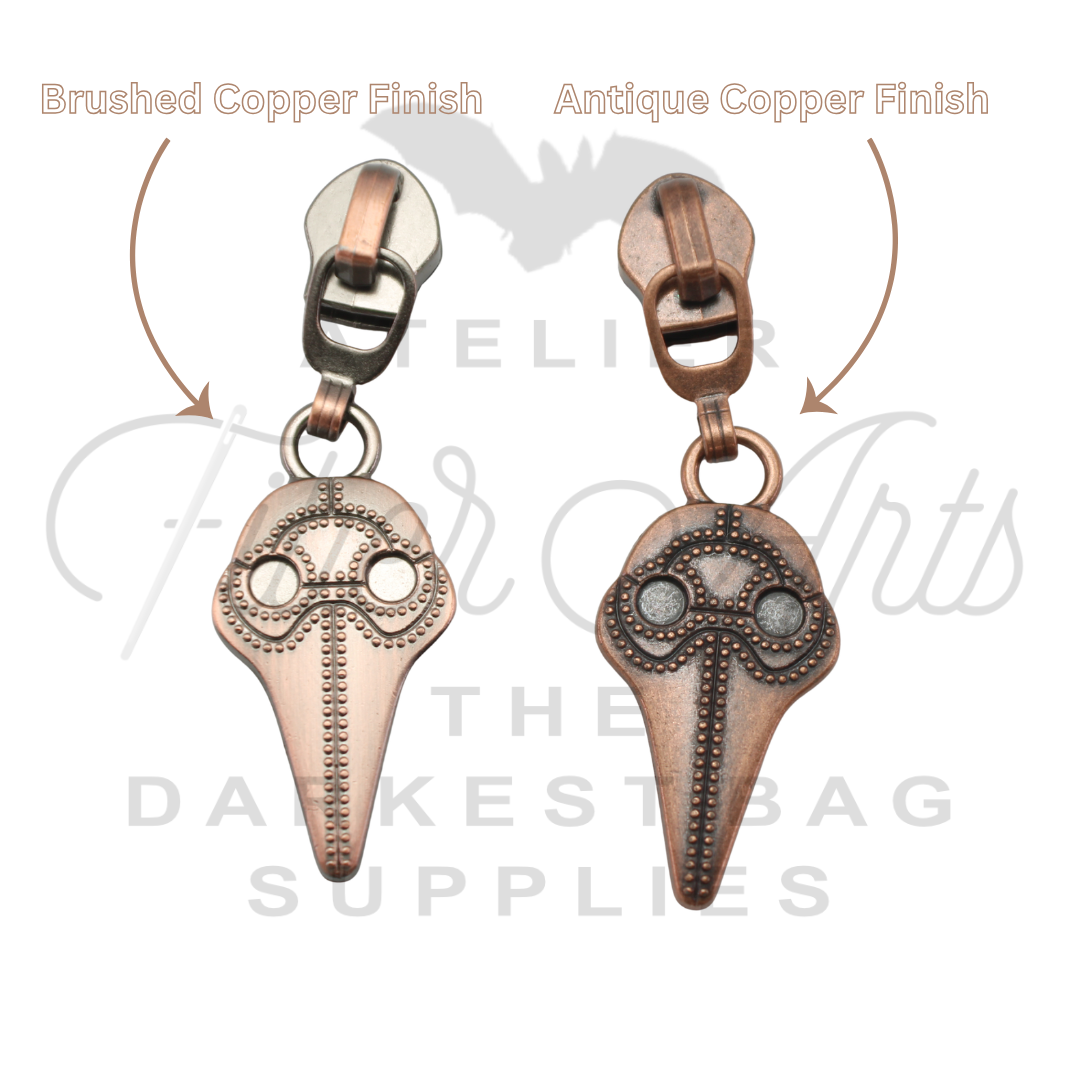 #5 Plague Doc Nylon Zipper Pulls in Antique Copper at Atelier Fiber Arts