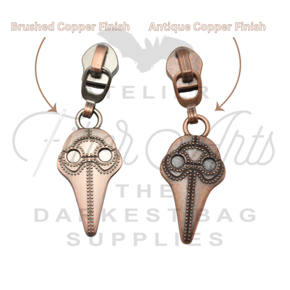#5 Plague Doc Nylon Zipper Pulls in Antique Copper at Atelier Fiber Arts