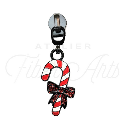 #5 Candy Cane Zipper Pulls in Matte Black and Enamel at Atelier Fiber Arts