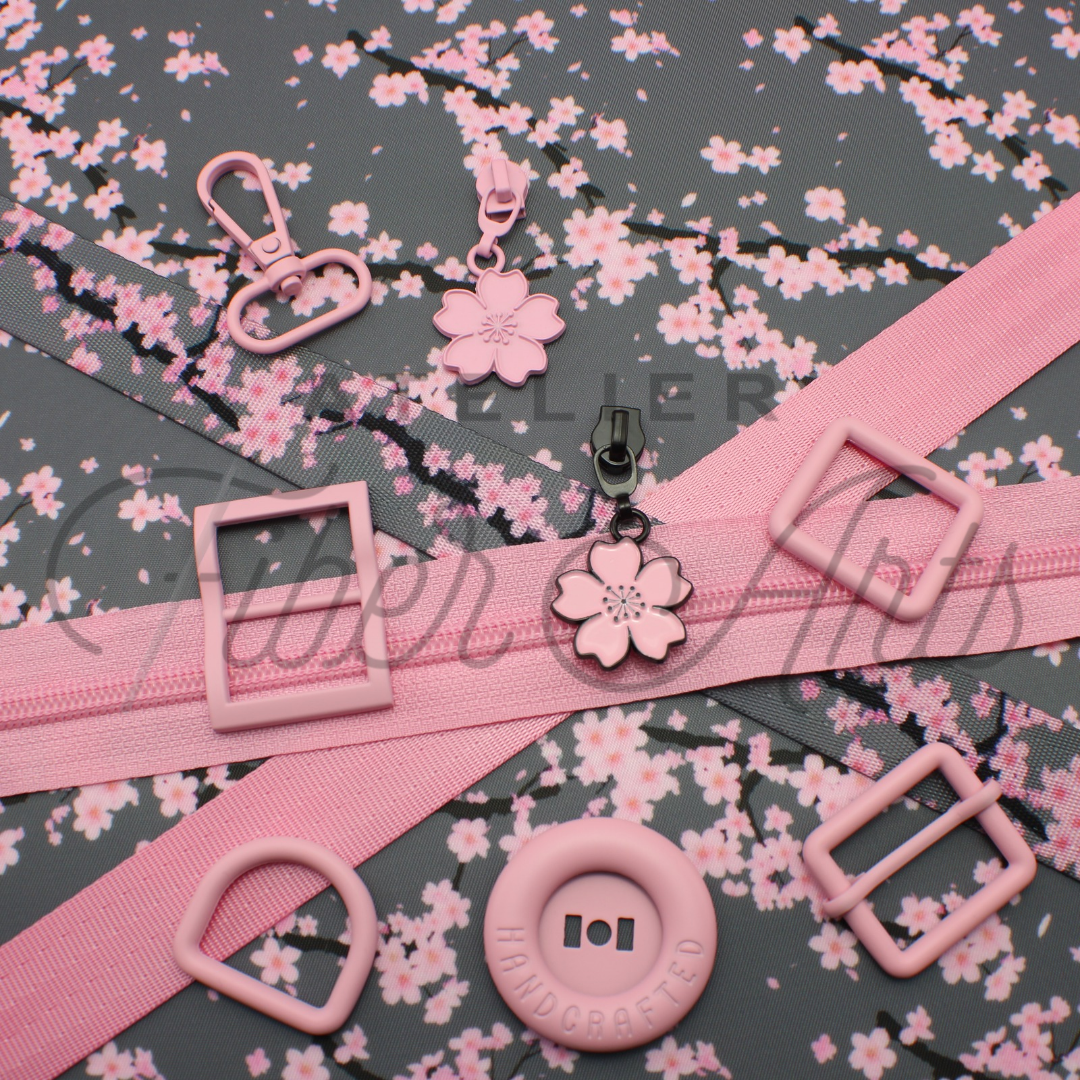 #5 Pink Cherry Blossoms Zipper Pulls in Matte Black and Enamel at Atelier Fiber Arts