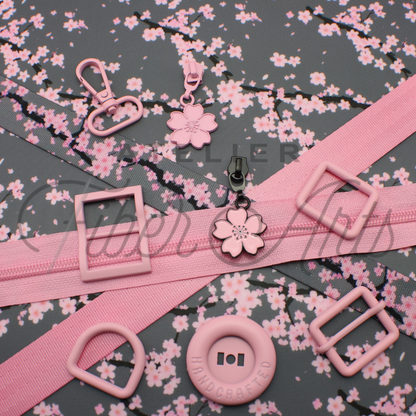 #5 Pink Cherry Blossoms Zipper Pulls in Matte Black and Enamel at Atelier Fiber Arts