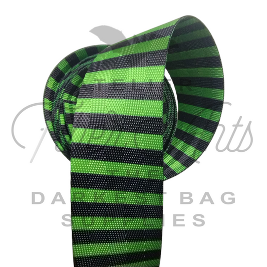 Webbing - Grinchy Green and Black Stripes - 38mm (1.5in) sold by the meter at Atelier Fiber Arts