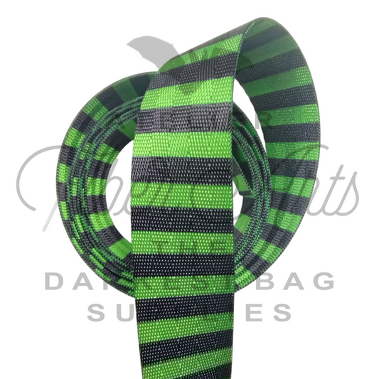 Webbing - Grinchy Green and Black Stripes - 25mm (1in) sold by the meter at Atelier Fiber Arts