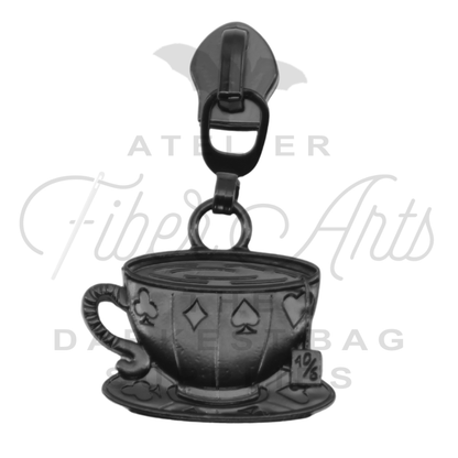 #5 Hatter's Teacup Zipper Pulls in Matte Black at Atelier Fiber Arts