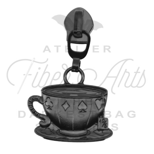 #5 Hatter's Teacup Zipper Pulls in Matte Black at Atelier Fiber Arts
