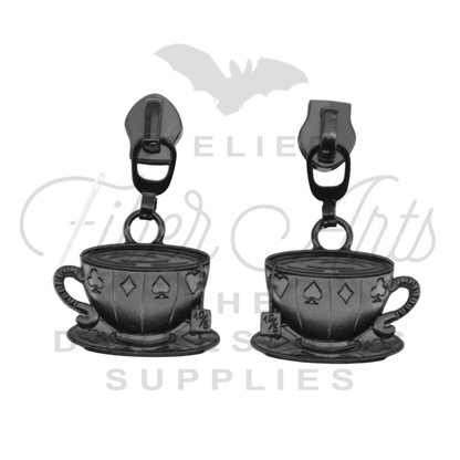 #5 Hatter's Teacup Zipper Pulls in Matte Black at Atelier Fiber Arts