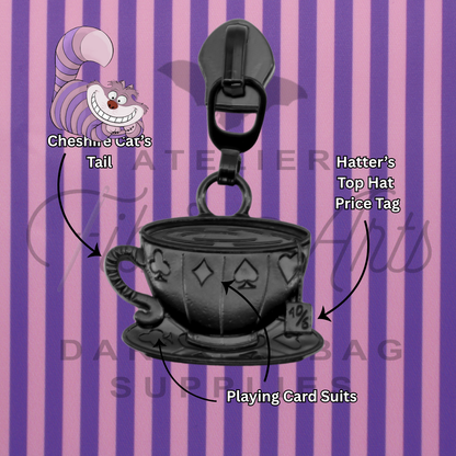 #5 Hatter's Teacup Zipper Pulls in Matte Black at Atelier Fiber Arts