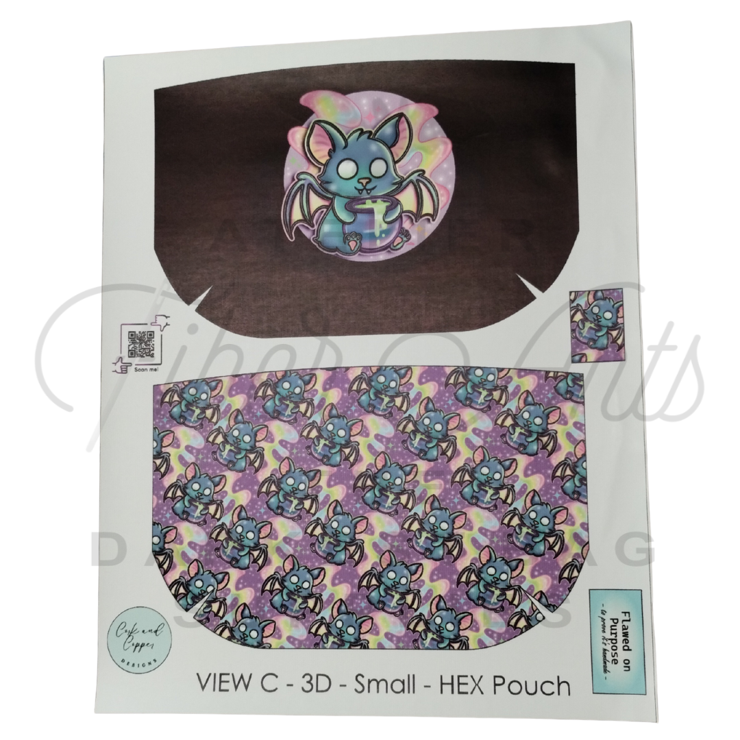 HEX Pouch View C 3D - Cut and Sew - Small - Smooth Finish - Cartoon Bat with Panel at Cork and Copper Designs