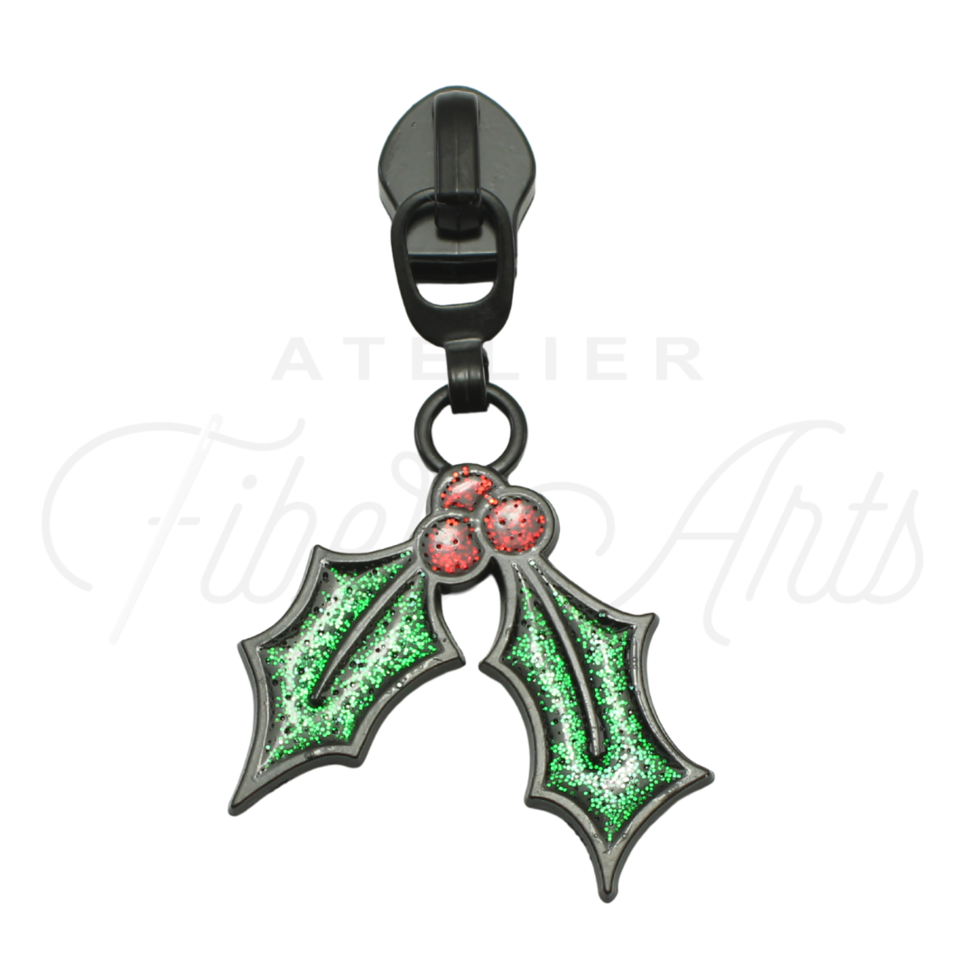 #5 Holly Zipper Pulls in Matte Black and Glitter Enamel at Atelier Fiber Arts