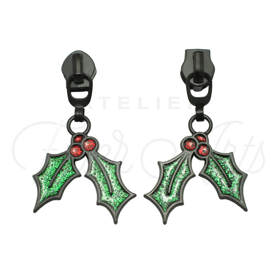 #5 Holly Zipper Pulls in Matte Black and Glitter Enamel at Atelier Fiber Arts