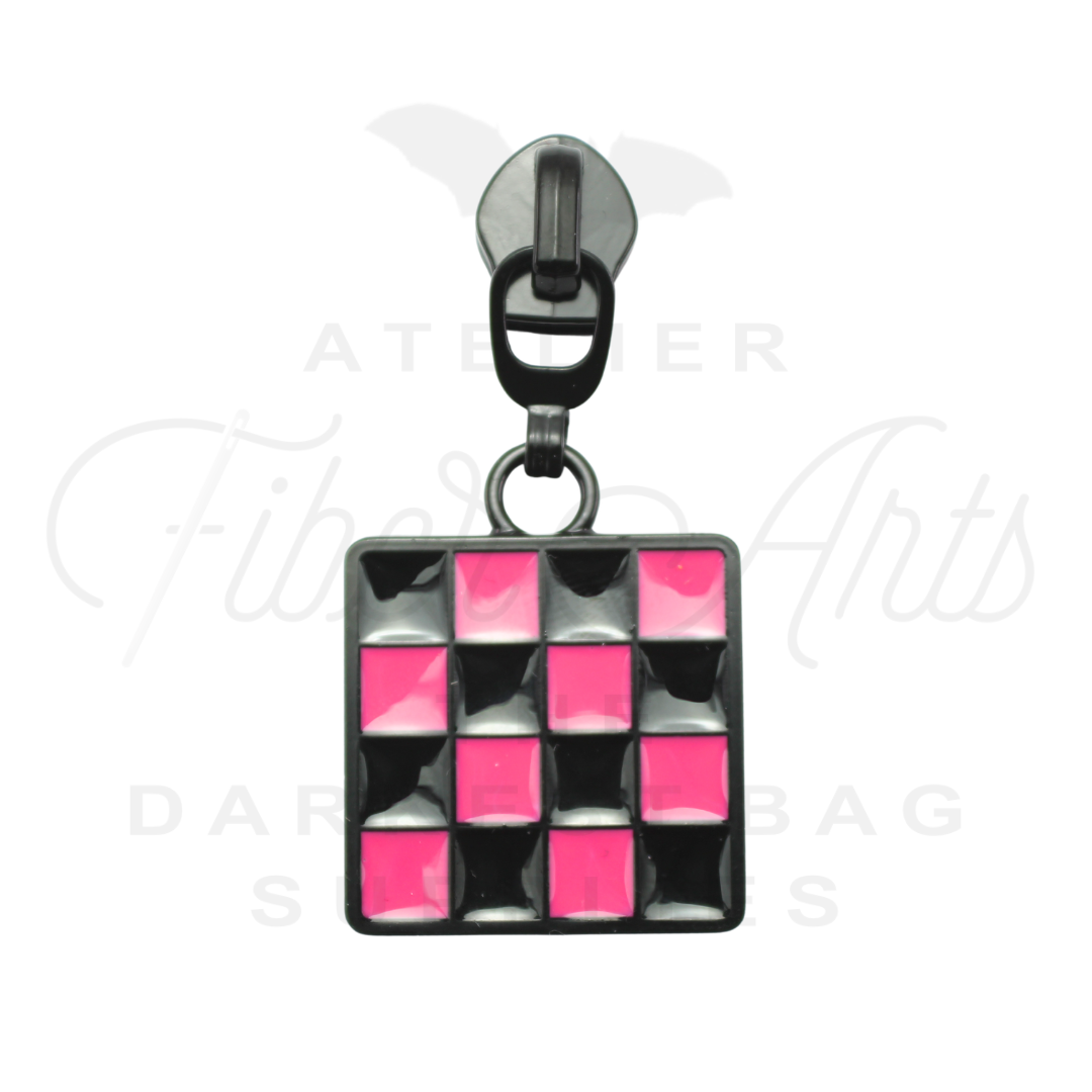 #5 Checkerboard Zipper Pulls in Matte Black and HOT PINK Enamel at Atelier Fiber Arts