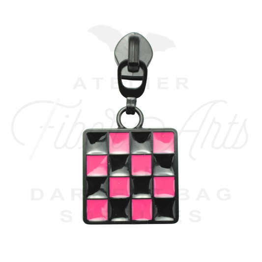 #5 Checkerboard Zipper Pulls in Matte Black and HOT PINK Enamel at Atelier Fiber Arts