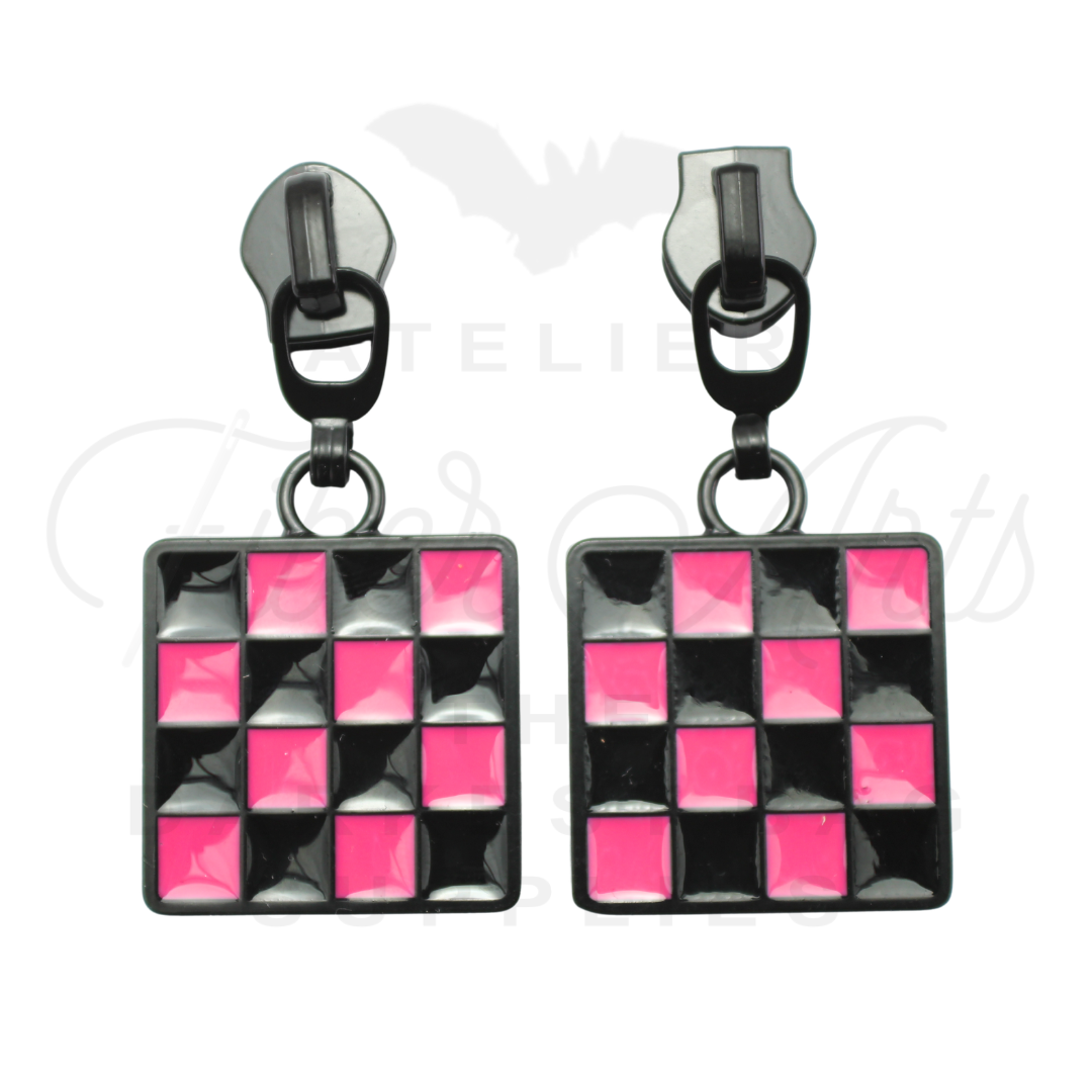 #5 Checkerboard Zipper Pulls in Matte Black and HOT PINK Enamel at Atelier Fiber Arts