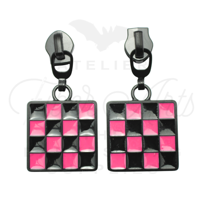#5 Checkerboard Zipper Pulls in Matte Black and HOT PINK Enamel at Atelier Fiber Arts
