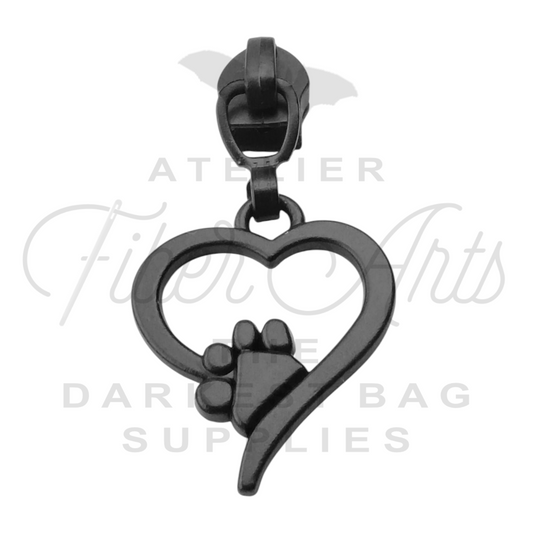 #5 Heart Paw Print (Hollow) Zipper Pulls in Matte Black at Atelier Fiber Arts