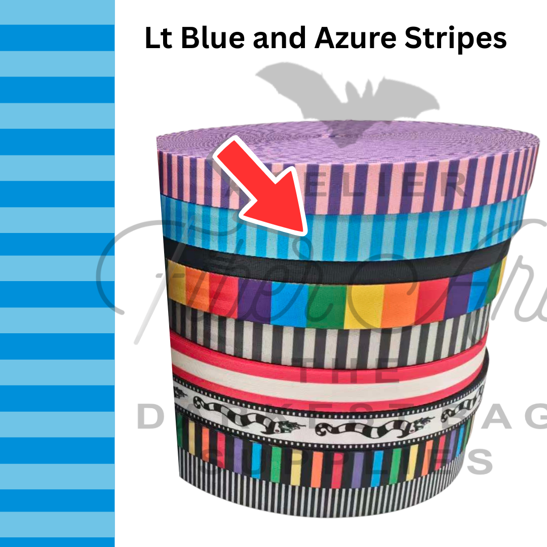 PRE-SALE Webbing - Light Blue and Azure Stripes - 25mm (1in) sold by the meter at Atelier Fiber Arts