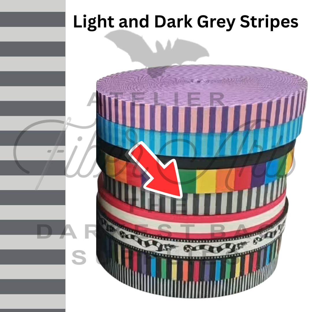 PRE-SALE Webbing - Light and Dark Grey Stripes - 25mm (1in) sold by the meter at Atelier Fiber Arts