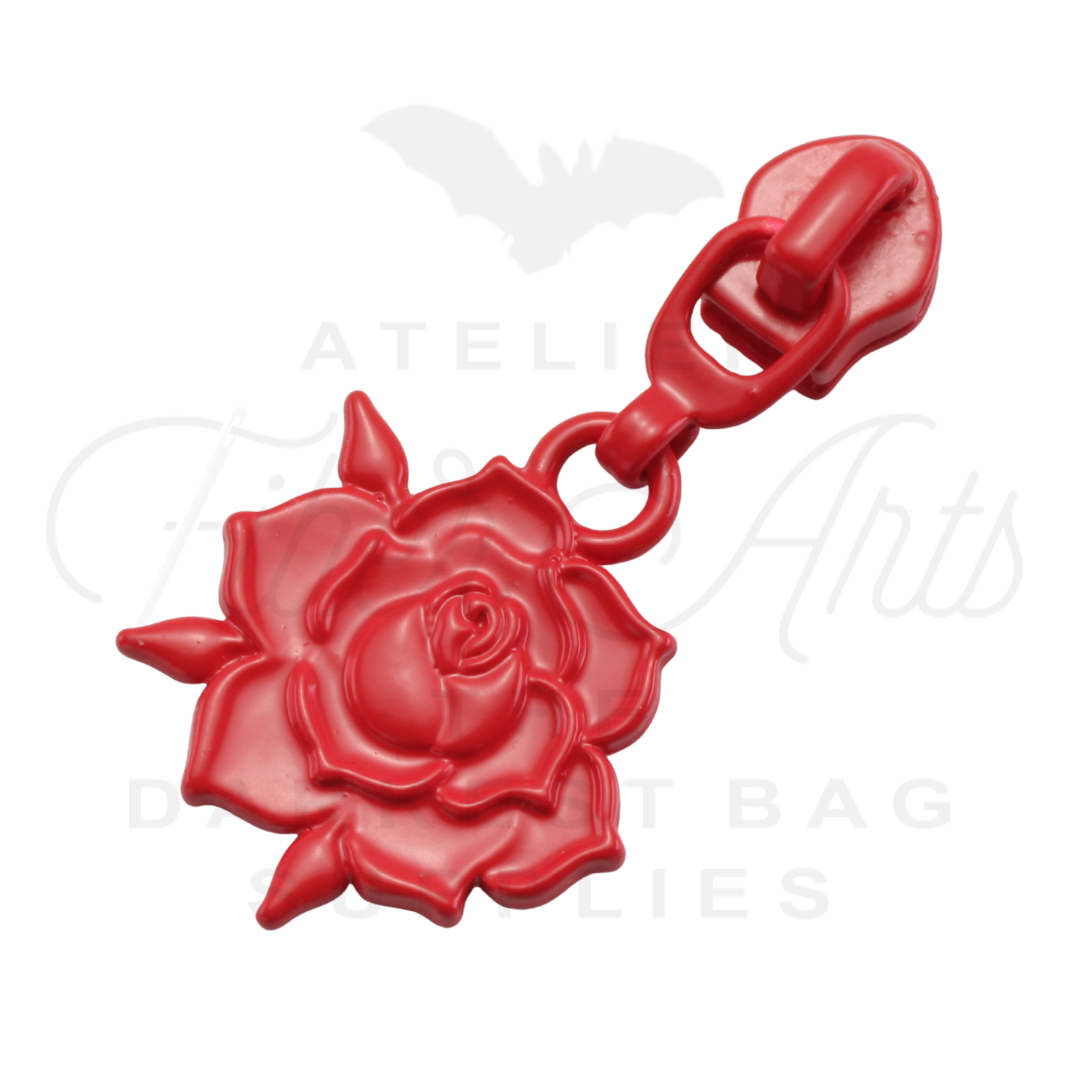 #5 Rose Bloom Zipper Pulls in Matte Red at Atelier Fiber Arts