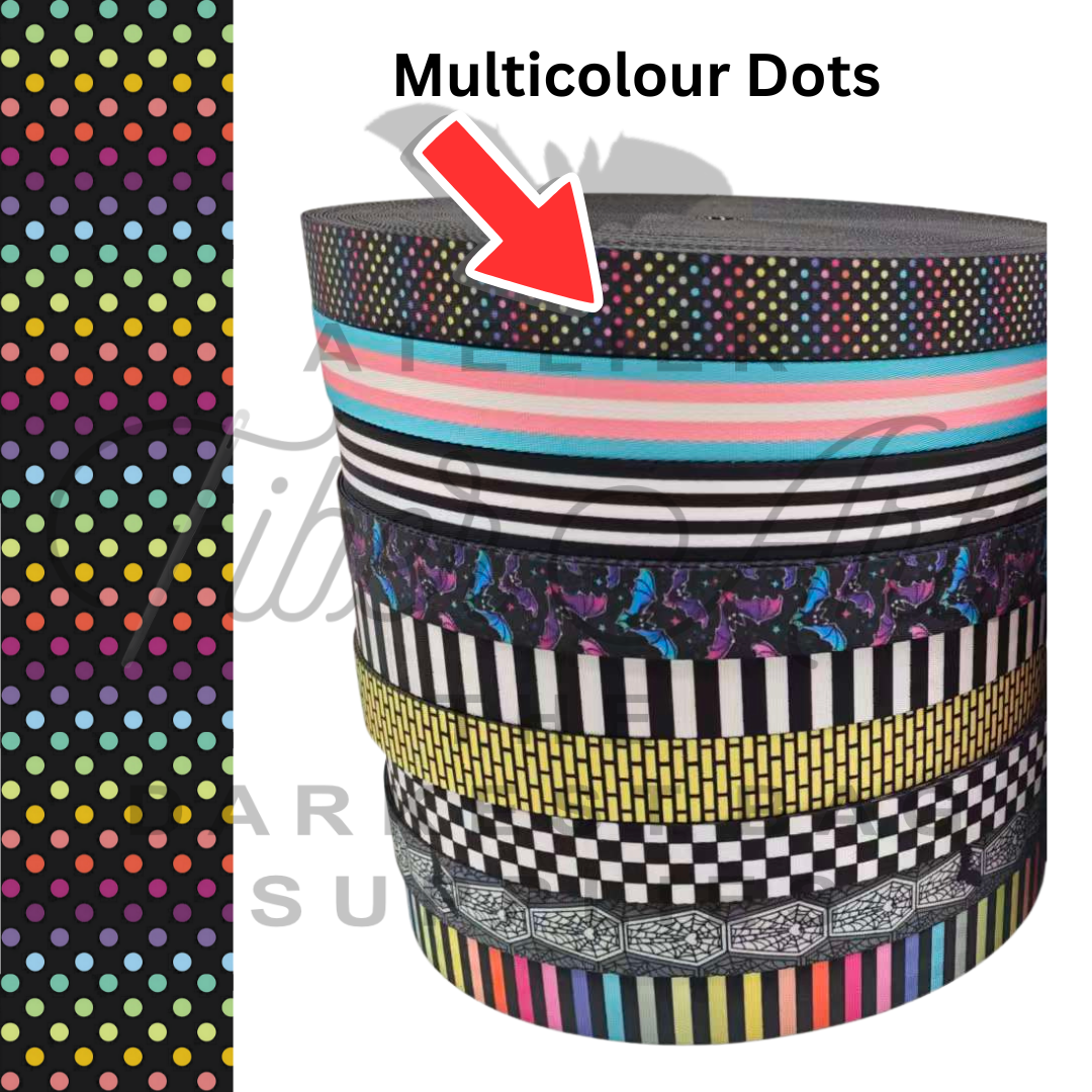 PRE-SALE Webbing - Multicolour Dots - 25mm (1in) sold by the meter at Atelier Fiber Arts