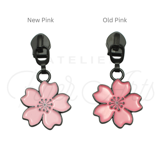 #5 Pink Cherry Blossoms Zipper Pulls in Matte Black and Enamel at Atelier Fiber Arts
