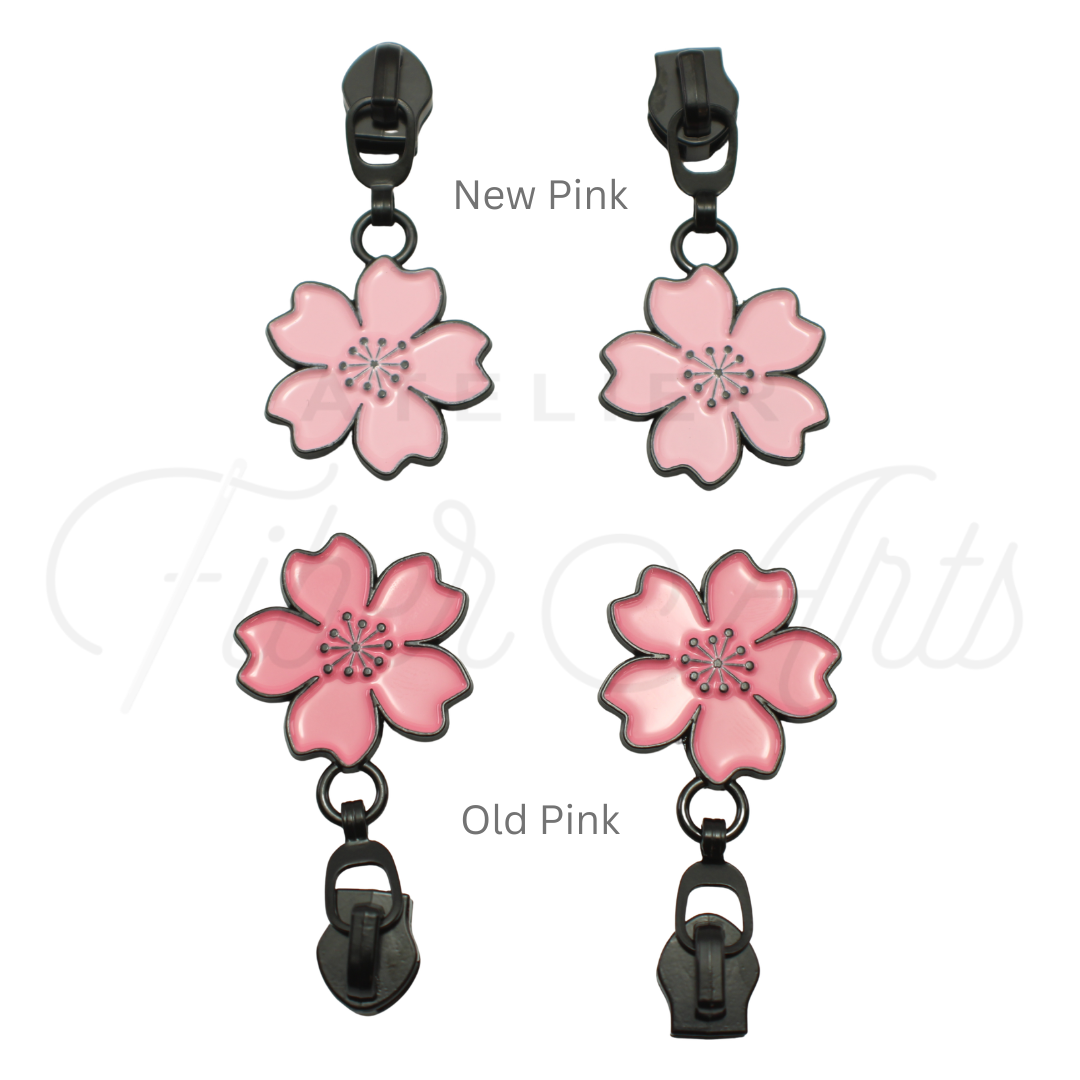 #5 Pink Cherry Blossoms Zipper Pulls in Matte Black and Enamel at Atelier Fiber Arts