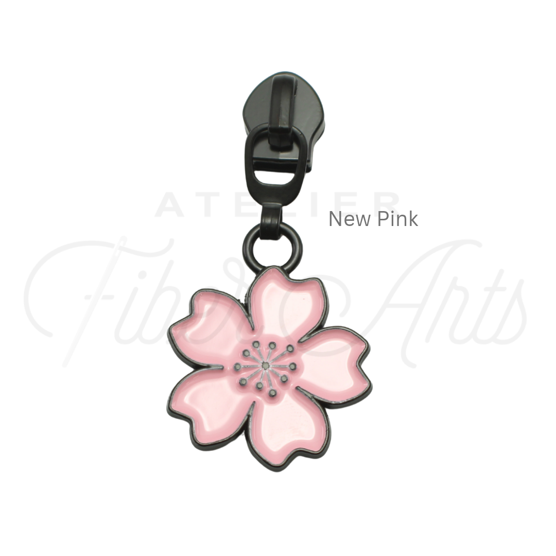 #5 Pink Cherry Blossoms Zipper Pulls in Matte Black and Enamel at Atelier Fiber Arts