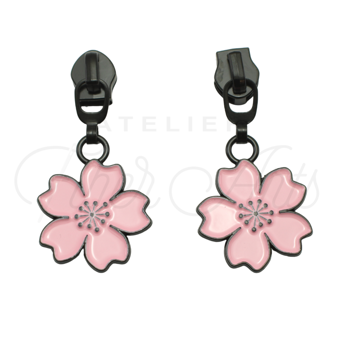 #5 Pink Cherry Blossoms Zipper Pulls in Matte Black and Enamel at Atelier Fiber Arts