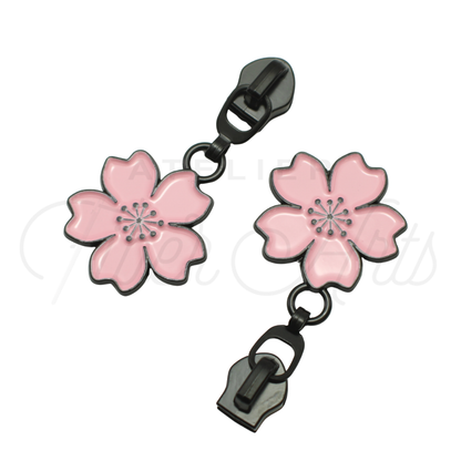 #5 Pink Cherry Blossoms Zipper Pulls in Matte Black and Enamel at Atelier Fiber Arts