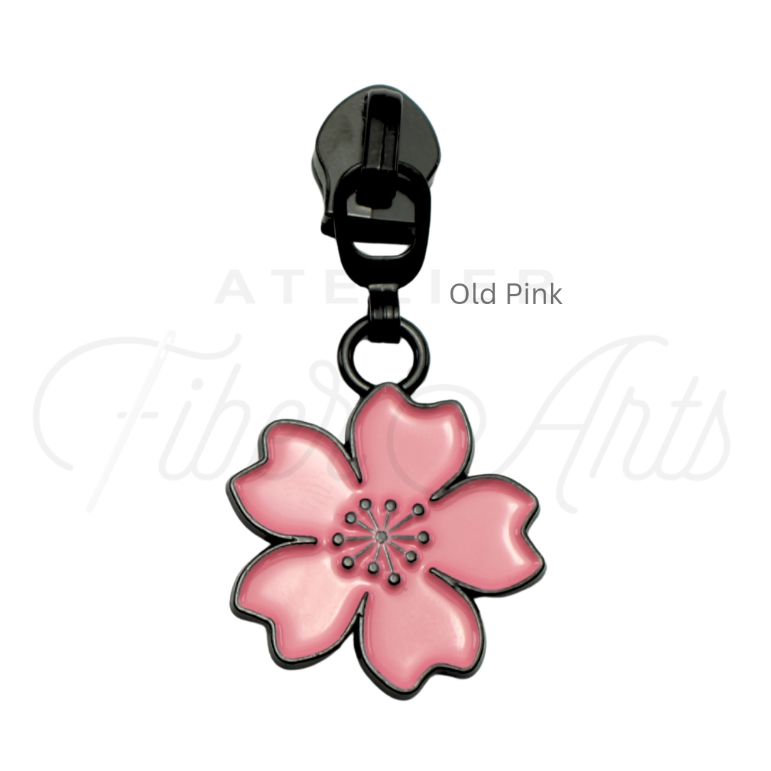#5 Pink Cherry Blossoms Zipper Pulls in Matte Black and Enamel at Atelier Fiber Arts