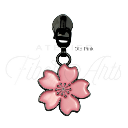 #5 Pink Cherry Blossoms Zipper Pulls in Matte Black and Enamel at Atelier Fiber Arts