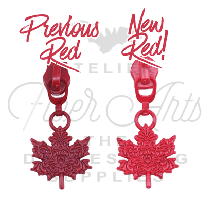 #5 Ornate Maple Leaf Zipper Pulls in Pure Red at Atelier Fiber Arts