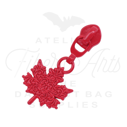 #5 Ornate Maple Leaf Zipper Pulls in Pure Red at Atelier Fiber Arts