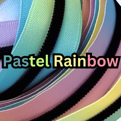 SWATCHES #5 Nylon Zipper tape, 5 inch piece (10 inch for rainbow and bats tape) Pastel Rainbow (10") Atelier Fiber Arts