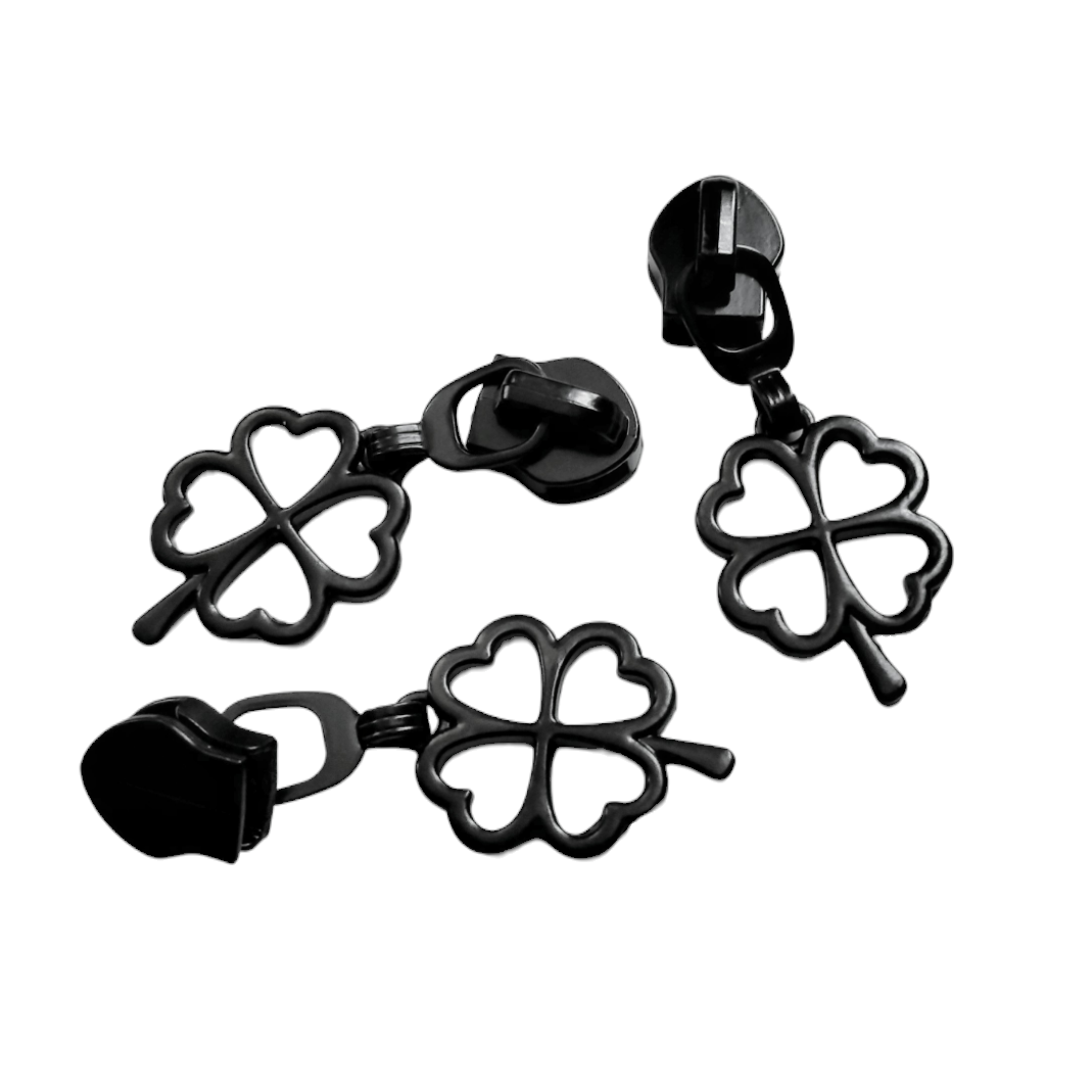 #5 Four Heart Clover Zipper Pulls in Matte Black at Atelier Fiber Arts