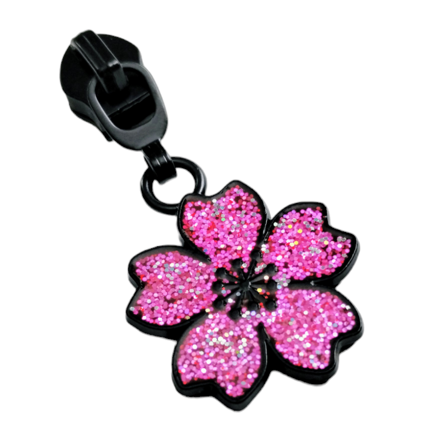 #5 PINK Glitter Cherry Blossoms Nylon Zipper Pulls, enamel - 3pcs Atelier Fiber Arts
