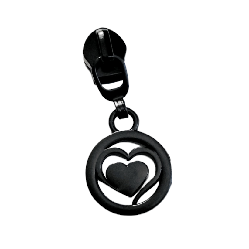 #5 Heart Within a Heart Zipper Pulls in Matte Black at Atelier Fiber Arts