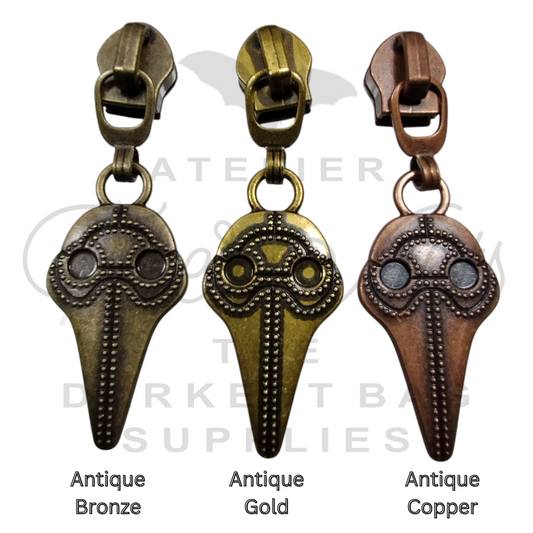 #5 Plague Doc Nylon Zipper Pulls in Various Finishes at Atelier Fiber Arts