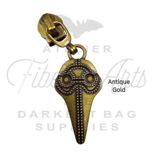 #5 Plague Doc Nylon Zipper Pulls in Various Finishes at Atelier Fiber Arts