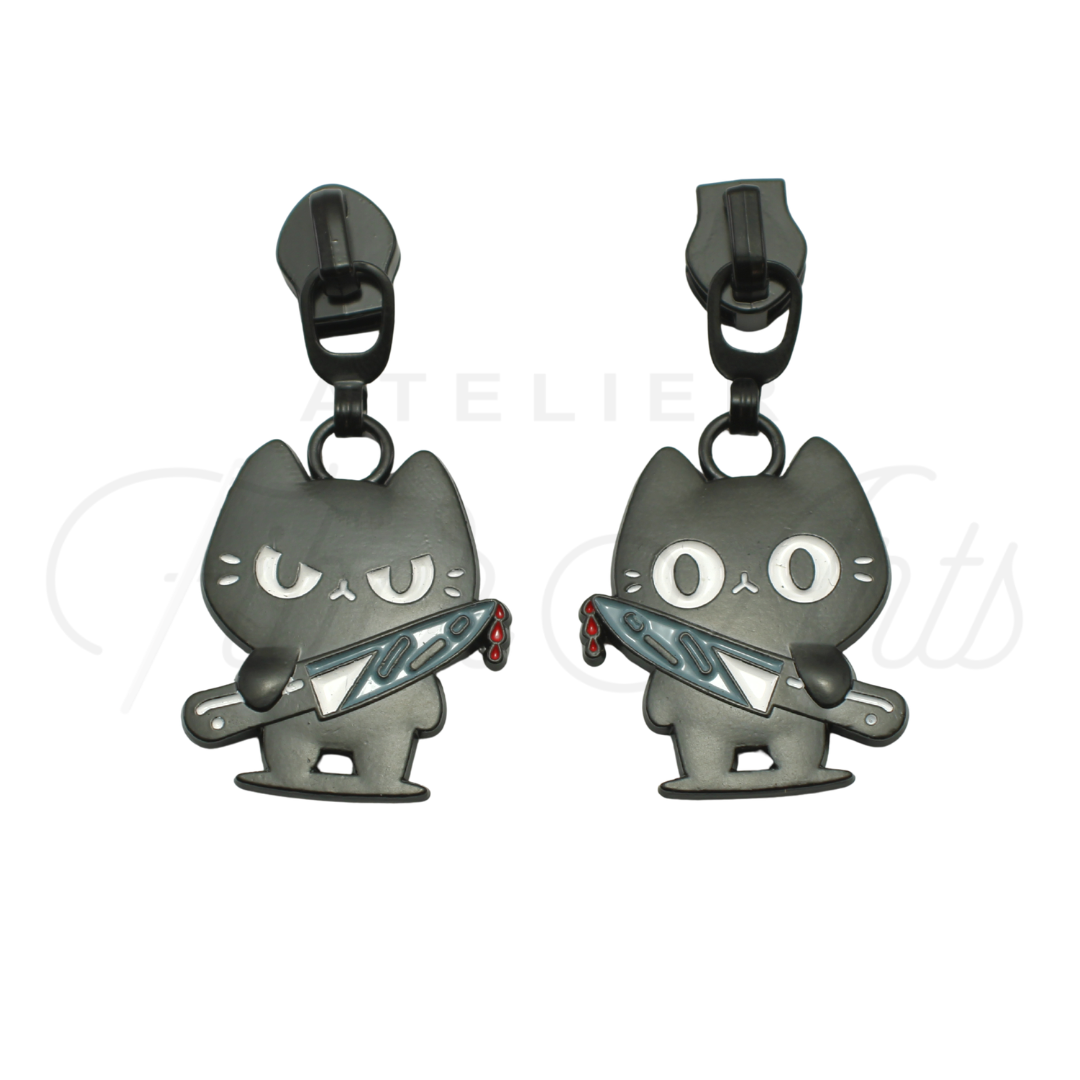 #5 Stabby Cats for CCD Zipper Pulls in Matte Black and Enamel at Atelier Fiber Arts