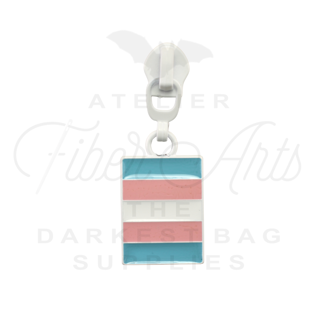#5 Trans Pride Zipper Pulls in Matte White and Enamel