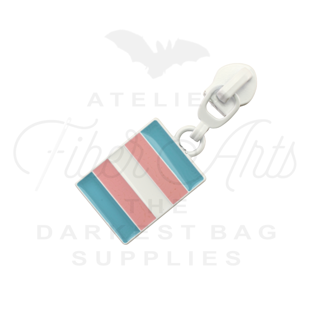 #5 Trans Pride Zipper Pulls in Matte White and Enamel