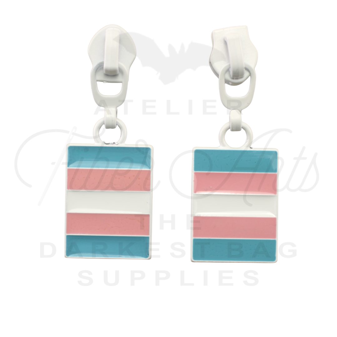 #5 Trans Pride Zipper Pulls in Matte White and Enamel