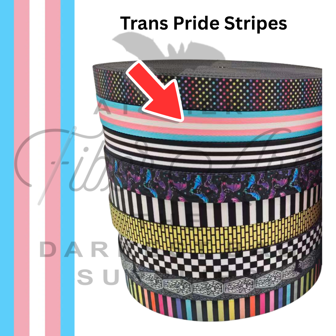 PRE-SALE Webbing - Long Trans Pride Stripes - 25mm (1in) sold by the meter at Atelier Fiber Arts