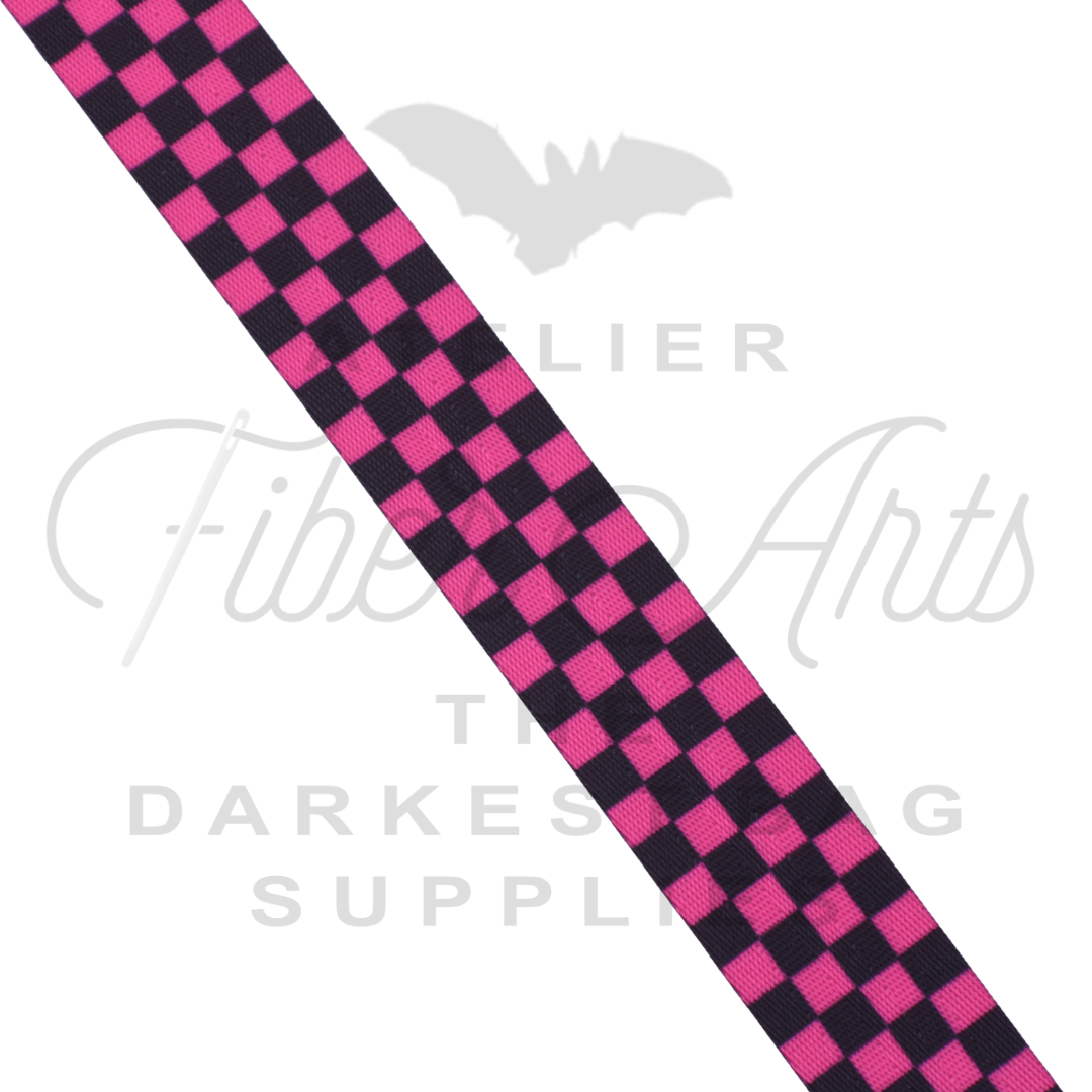 Webbing - Hot Pink Checkerboard - 25mm (1in) sold by the meter at Atelier Fiber Arts