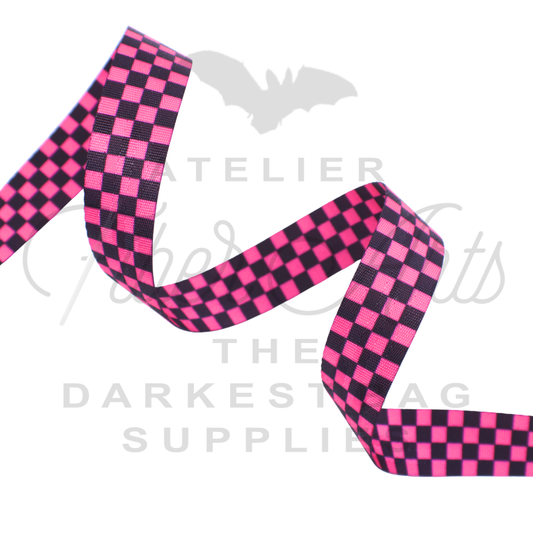 Webbing - Hot Pink Checkerboard - 25mm (1in) sold by the meter at Atelier Fiber Arts
